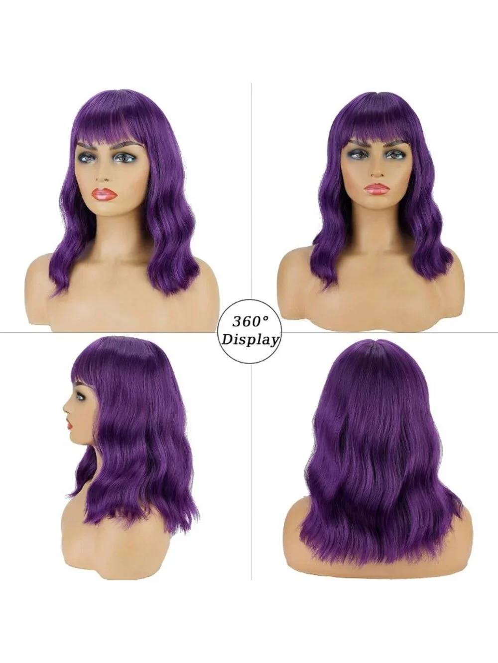Women's Dark Purple 14 Inch Heat Resistant Short Bangs Bob Modern Wavy Wigs